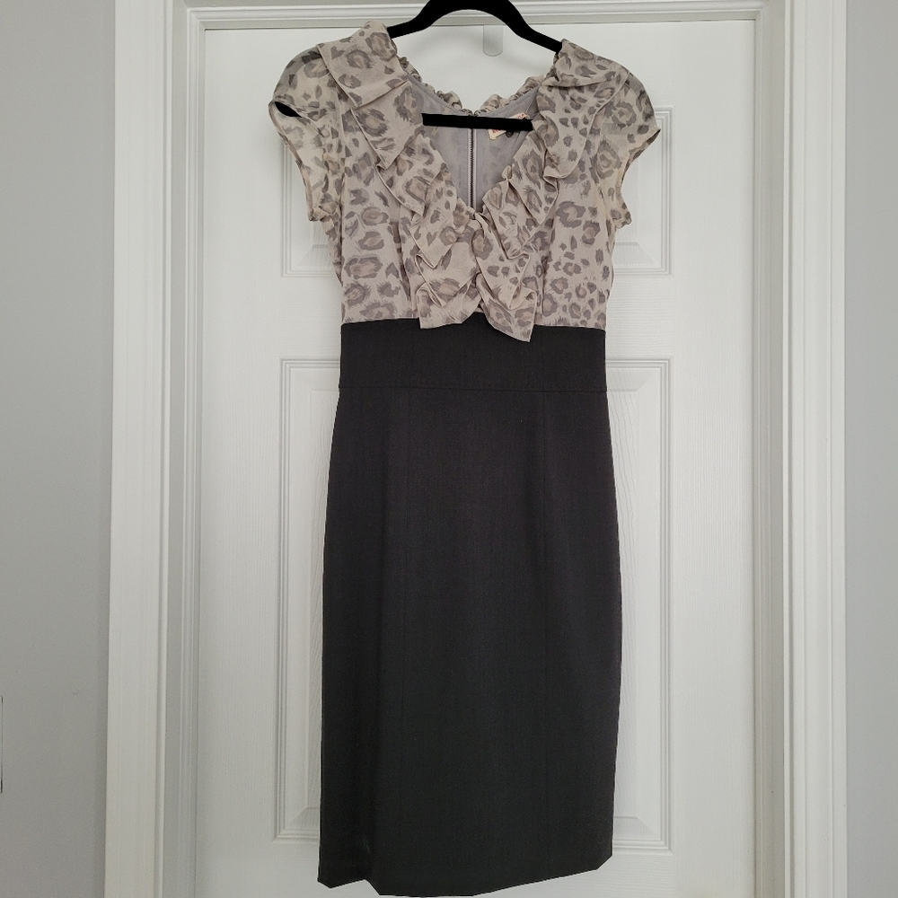Rebecca Taylor Leopard print & charcoal gray sheeth dress NWT size 0